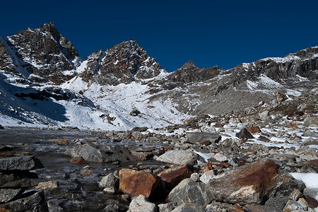 连城冠豸山Renjo通行证 喜马拉雅山峰和溪流大雪登山远足踪迹明信片首脑高度山腰石头场景背景