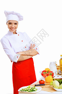 青年烹饪准备食品成人帽子职业微笑生活食物装潢工作厨房桌子背景图片