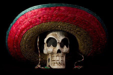头骨帽子与Sombrero一起死亡之墓日颅骨背景骨头庆典假期发光体奉献边帽骨架传统背景