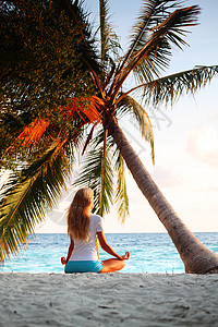 假期冥想棕榈下的瑜伽妇女假期精神热带天空活力成人旅行训练自由身体背景