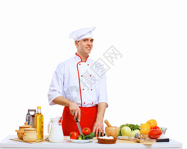 青年烹饪准备食品盘子装潢工作帽子男人微笑成人职业勺子生活背景图片