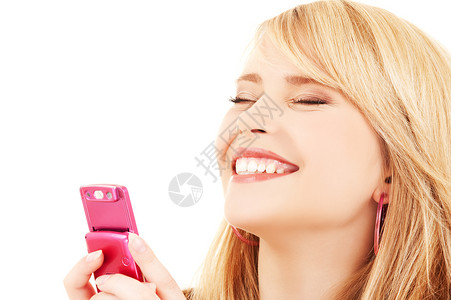 拥有手机的幸福快乐少女系统金发女郎邮件微笑青少年八卦电话技术女孩定位背景图片