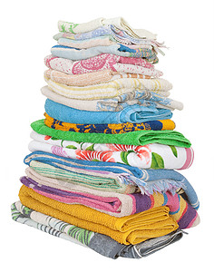 毛巾堆纺织品格子条纹样本白色绿色洗衣店黄色红色亚麻背景图片