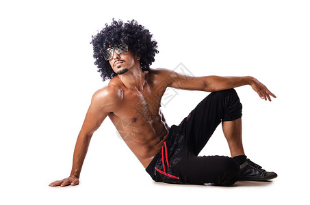 果头孤立在白色上的肌肉舞者男性行动跳跃男人成人体操飞跃有氧运动舞蹈家特技背景