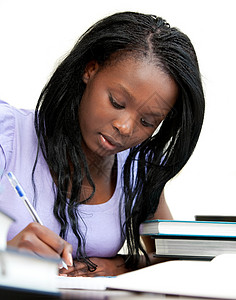美国学生素材在家里学习的非裔美洲妇女家庭青少年女士成功学校青年女孩工作学生图书馆背景