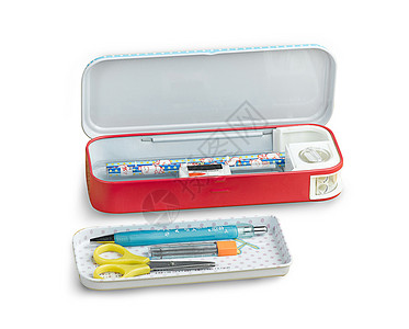 有用的金属铅笔盒和其他辅助儿童文具;用于儿童的其他附属固定设施背景图片