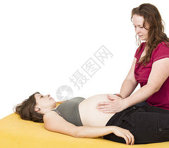 分娩阵痛助产士坐在孕妇的身后背景