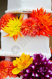 传统婚礼蛋糕垂直花朵庆典白色接待黄色婚宴甜点图像橙子背景图片