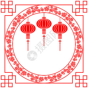 中国新年红绿灯组织背景框架问候庆典樱花剪纸墙纸花框文化插图红色背景图片