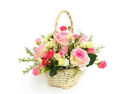 粉色篮子白色一篮子的美丽玫瑰 被孤立在白色上背景