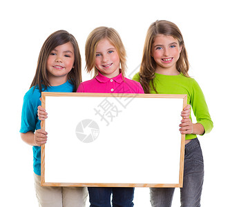 拥有空白白板复制空间的女童儿童群体名单标语工作室帆布横幅眼睛女性海报广告女孩们蓝色背景图片
