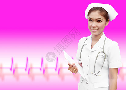 持有医疗报告书的年轻护士保健女性从业者诊所脉动卫生脉冲女孩工人学生背景图片