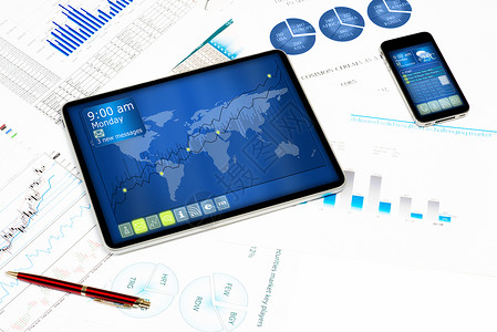 交互图表平板电脑 手机和财务文件软垫金融简报文章助手工具营销展示平衡成就背景