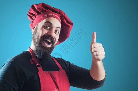 快乐的胡须胖胖大厨厨娘手势胡子食物厨房职业男人厨师微笑工人背景图片