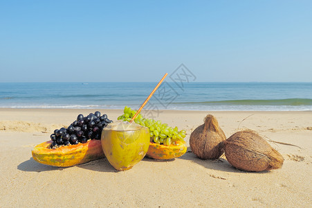 椰子海滩水果果海滩天堂海岸可可异国旅行旅游阳光晴天热带背景