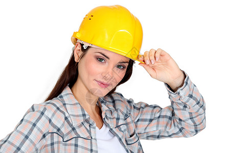 工人摆造型女性建筑工工人黑发造型姿势工作室水平自信小费白色女士头盔背景