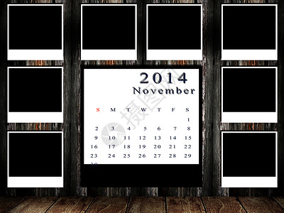 2014年日历 在墙上贴有照片框程序相框木头框架时间假期调度艺术商业规划师背景图片