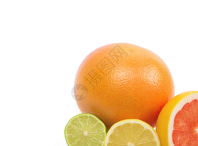 白色上隔离的清新整片石灰 柠檬和橙色图像小吃营养食物团体香橼异国水果叶子情调沙拉背景图片