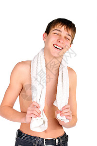 好澡巾洗完澡后的青少年牛仔裤肤色身体洗澡享受头发黑发毛巾皮肤微笑背景