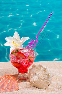沙沙沙滩上的草莓鸡尾酒和贝壳高清图片