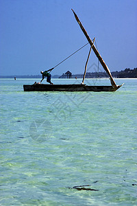 和在坦桑尼亚桑给巴尔的海边人海藻男人衬套石头天空波浪浅蓝色港口木头岩石背景图片