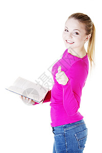 年轻有魅力的年轻女学生 书写很有指导力手指女孩学习快乐微笑青年女性手势教育白色随意的高清图片素材