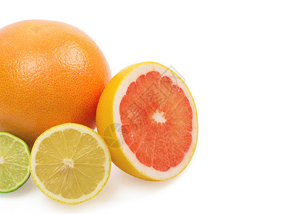 白色上隔离的清新整片石灰 柠檬和橙色图像团体情调橙子小吃营养水果异国香橼叶子饮食背景图片