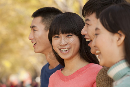 青年在秋天享受公园友谊喜悦衣物团结女性服装短发毛衣摄影黑发背景图片