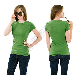 穿白绿衬衫的年轻黑发女人背景图片