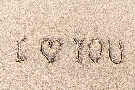 题词我爱你手写沙子 自然而然已婚手绘雕刻语言海滩海岸生日字体英语情感背景