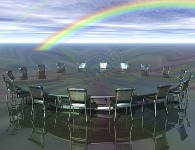 圆桌会议桌子天空讨论彩虹金属圆形座位会议室插图背景图片