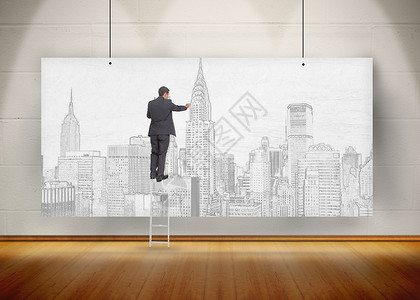 阶梯海报商务人士站在阶梯上 在挂着的海报上画城市背景