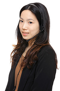 身戴耳盔的亚洲妇女热线推销环境顾问头盔咨询女士服务客户办公室背景图片