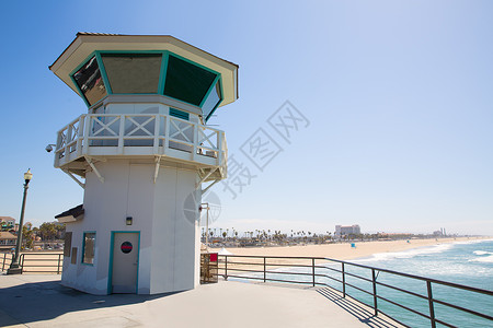 萨波塔Huntington海滩主要救生员塔 Surf 加利福尼亚市地标冲浪太阳假期海岸线码头海岸海洋场景波浪背景