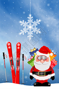 圣诞快乐滑雪者装饰品幸福插图礼物雪橇滑雪雪花季节性季节背景图片