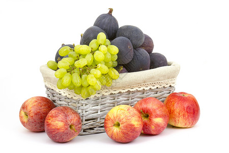 新鲜水果 篮子里有新鲜的果实生态白色食物紫色果汁绿色水平营养红色饮食背景图片