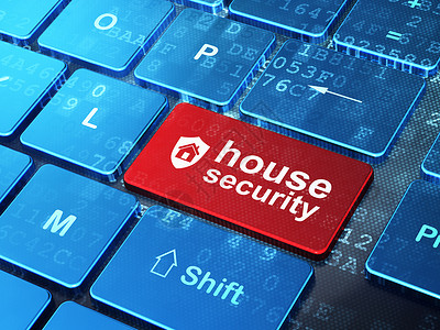 反病毒安全概念 计算机键盘上的盾牌和房屋安全背景