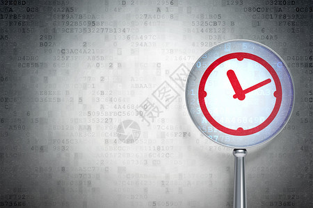 最后时间数字背景上带光学玻璃的时间概念时钟代码数据日程手表放大镜历史倒数展示红色镜片背景