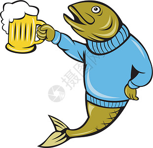 啤酒鱼持有啤酒杯的鱼啤酒插图卡通片艺术品毛衣设计图片