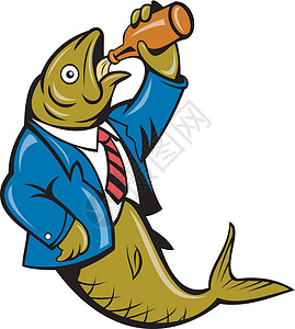 鲱鱼湾Herring鱼商公司西装 喝啤酒瓶艺术品瓶子商务套装卡通片插图啤酒设计图片