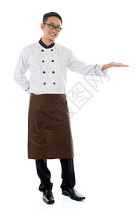 厨师全身显示空白空间的亚洲男厨师手背景
