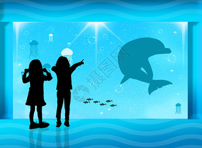 男孩和海豚水族馆玻璃海上生活游客学习孩子们生物学栏杆教育海蜇科学背景