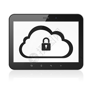 订货单云层联网概念 在平板电脑计数器上用有帕洛克的云挂锁软件软垫网站安全全球黑色创新隐私数据背景