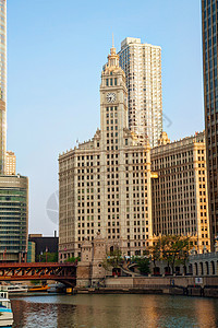 箭牌大厦芝加哥市中心 与威利大楼办公室街道城市摩天大楼建筑背景