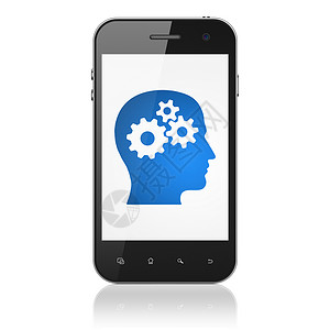 训练图标教育概念  智能手机带车头药片研讨会风暴齿轮课程蓝色学习知识训练头脑背景