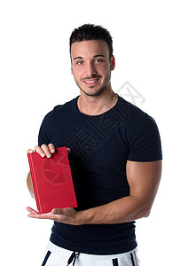 红色的肖像看书微笑的年轻人持有并展示书本封面知识白色红色大学快乐教育成人学生男性学校背景