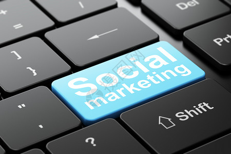 广告概念 计算机键盘背景上的社会营销顾客战略宣传创造力产品钥匙互联网社区网络蓝色背景