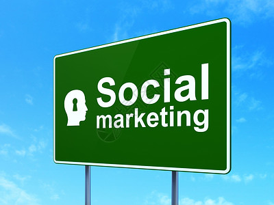 社会话带素材营销概念 社会营销和在路牌背景上带着钥匙孔的头部背景