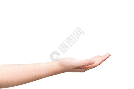 手掌与开阔的椰枣交接信号身体白色一部分手势手指手腕商业帮助灰色背景图片