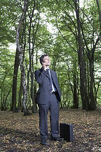 商务人士在森林里站着时使用移动电话高清图片